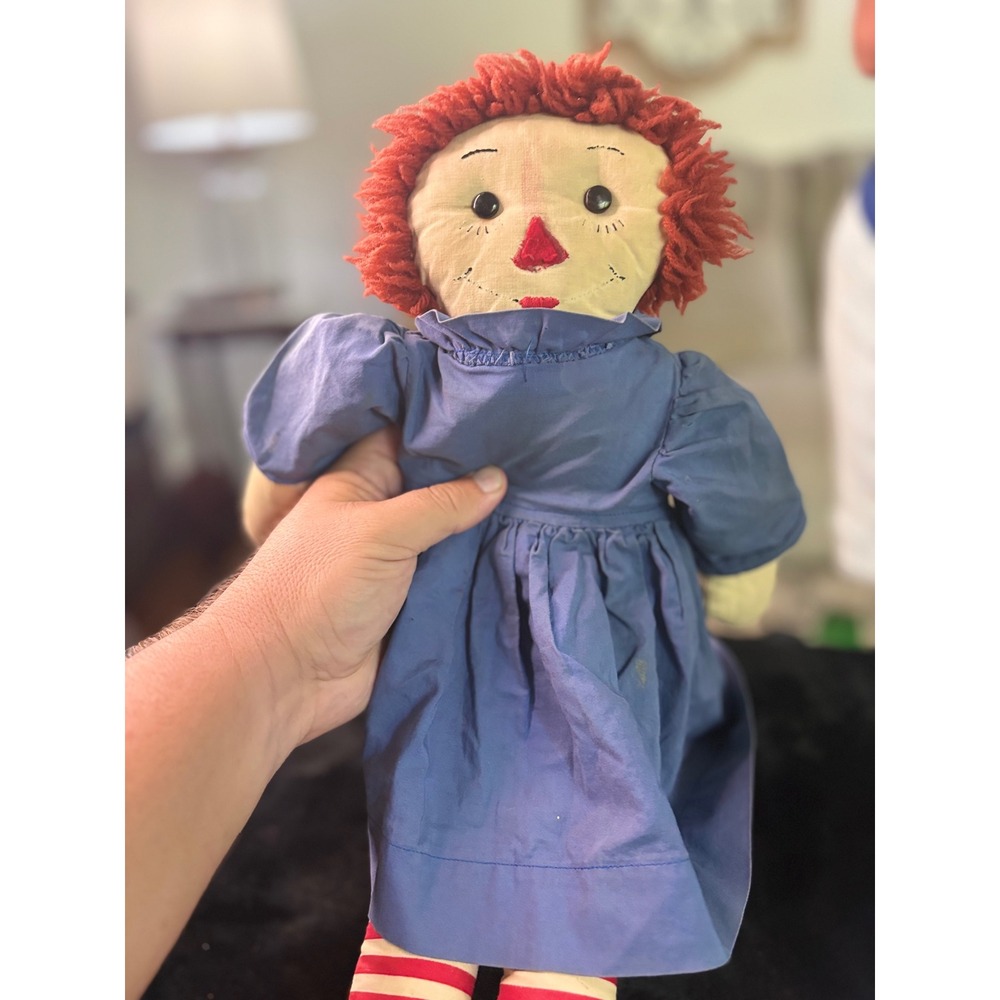 Vintage Raggedy Ann Cloth Doll Red Yarn Hair Blue Dress I Love You Heart Plush